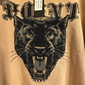 Left Point Beige Panther Rhinestone Embellished Graphic Sweater